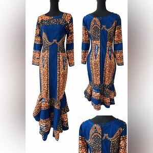 African Print Ankara Midi Dress| Blue Wax Print | Mermaid Hem | Size L (Fits 12)